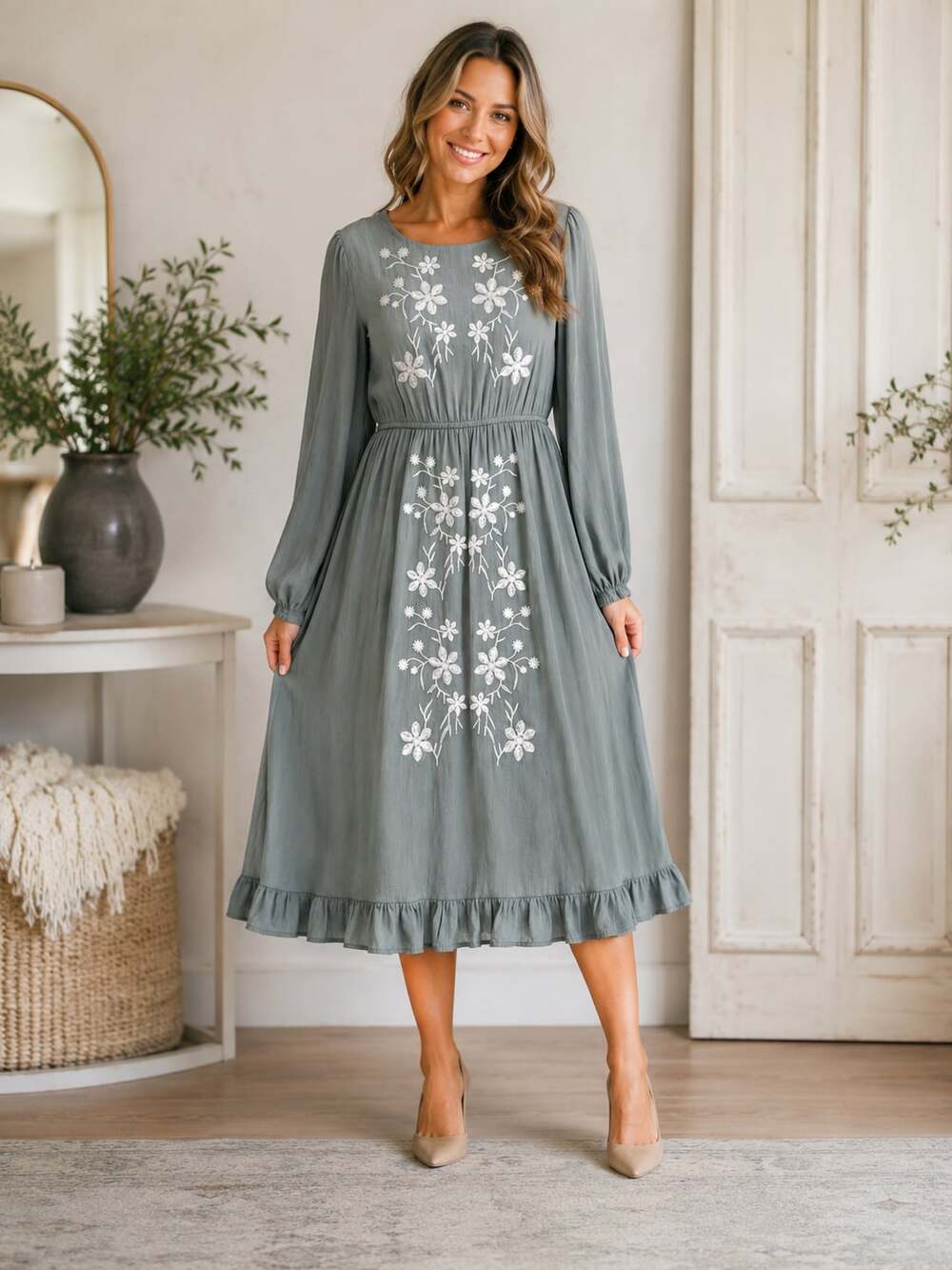 Hayden Los Angeles Embroidered Midi Dress 1XL Sage Green Boho Pockets